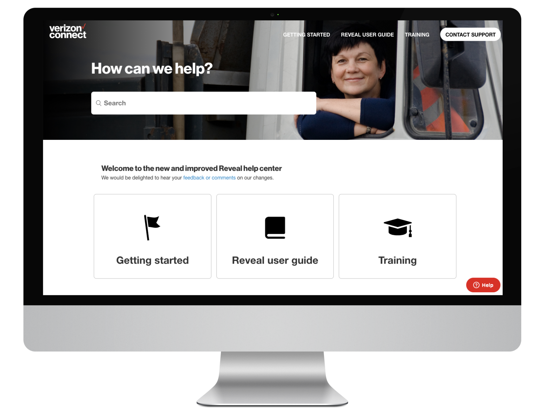 Reveal help centre hero with search, Getting started, Reveal user guide, Training and Contact support entry points
