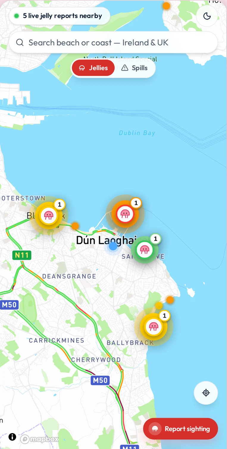 Jelly Map live map of Dublin Bay with colour coded jellyfish sighting pins