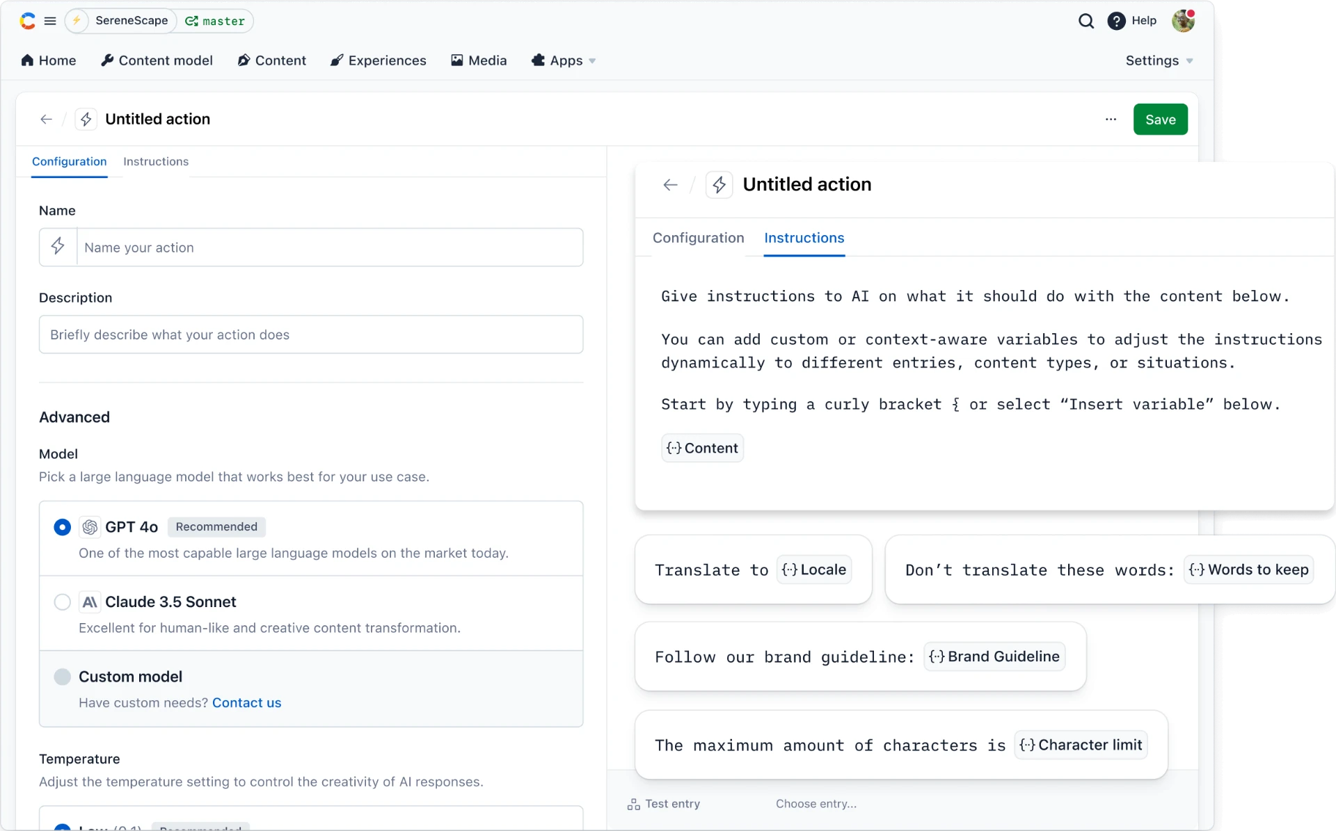 AI Action setup screen: configuration with model choice, and an instructions tab with insertable variables