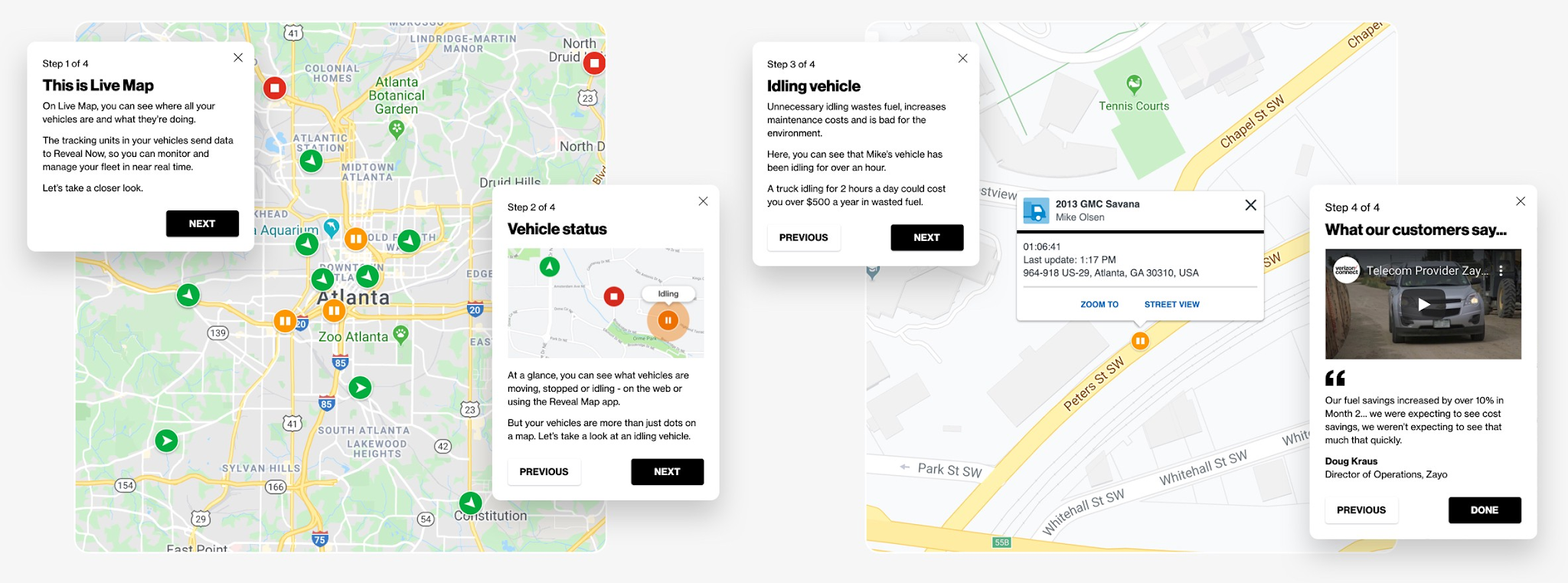 Four guided tour steps: This is Live Map, Vehicle status, Idling vehicle, and a customer testimonial card