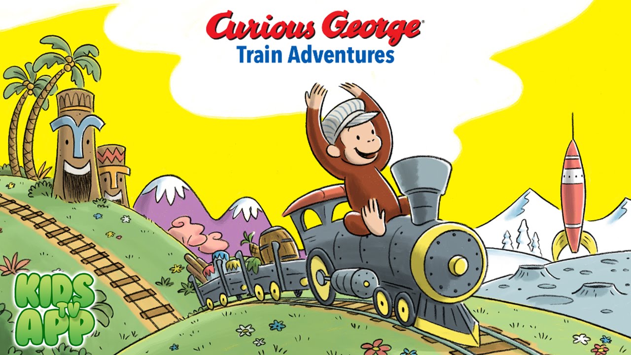 Curious George Train Adventures title art, with George driving a steam train past palm trees, mountains and a rocket