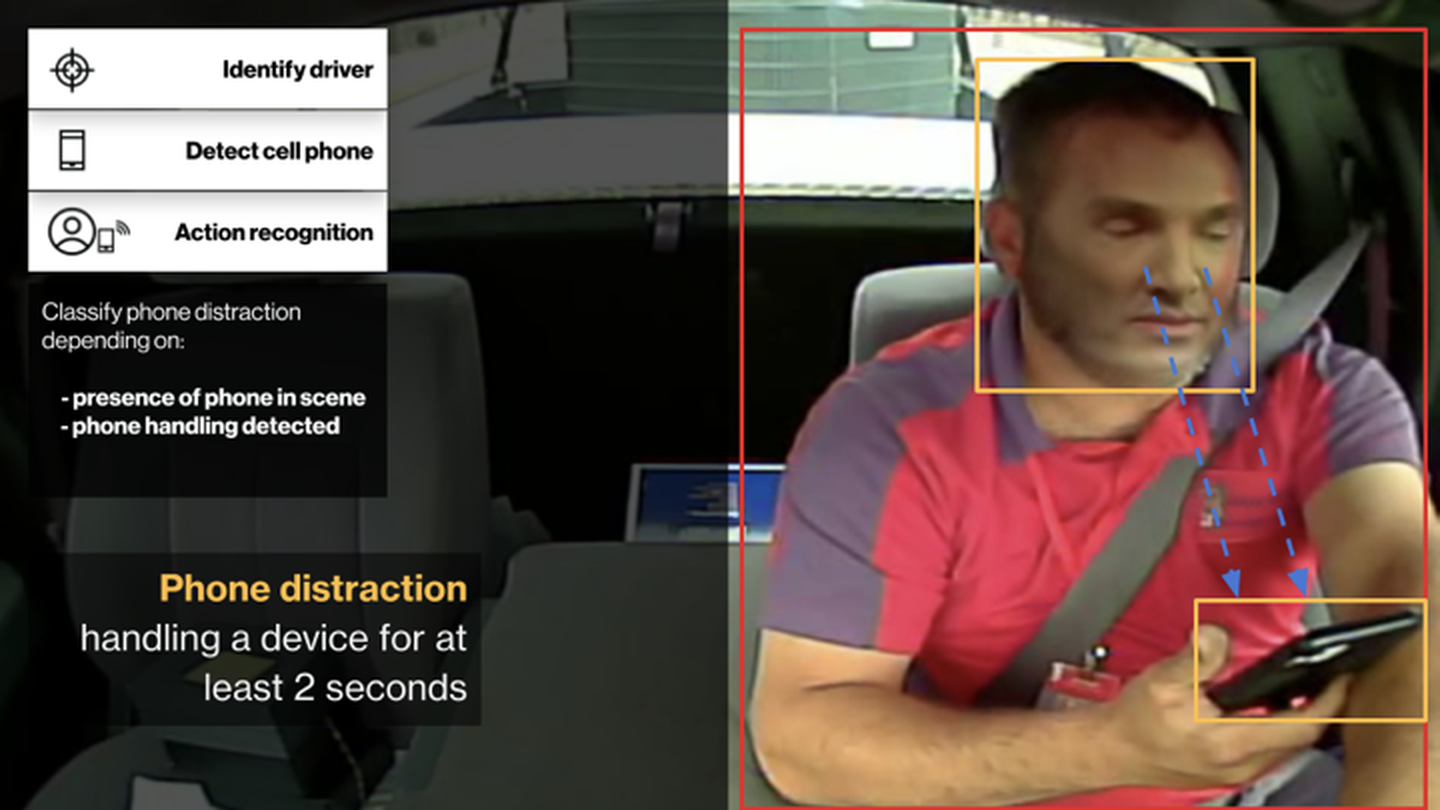 Driver-facing detection classifying phone distraction from presence of a phone in scene and phone handling
