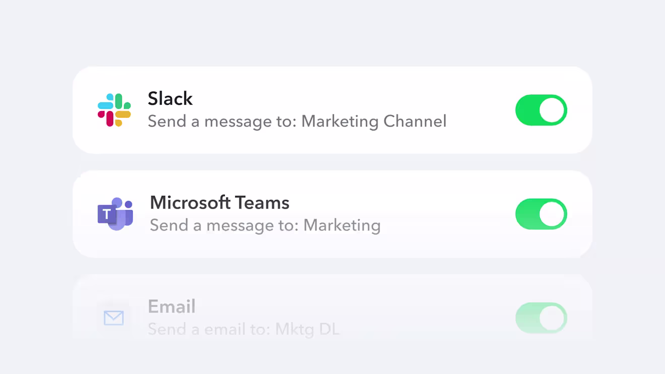 Toggles for notifying Slack, Microsoft Teams and email when workflow steps change