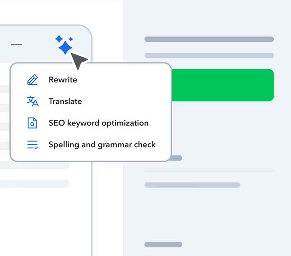 AI Actions menu open on a content entry, offering Rewrite, Translate and SEO optimization