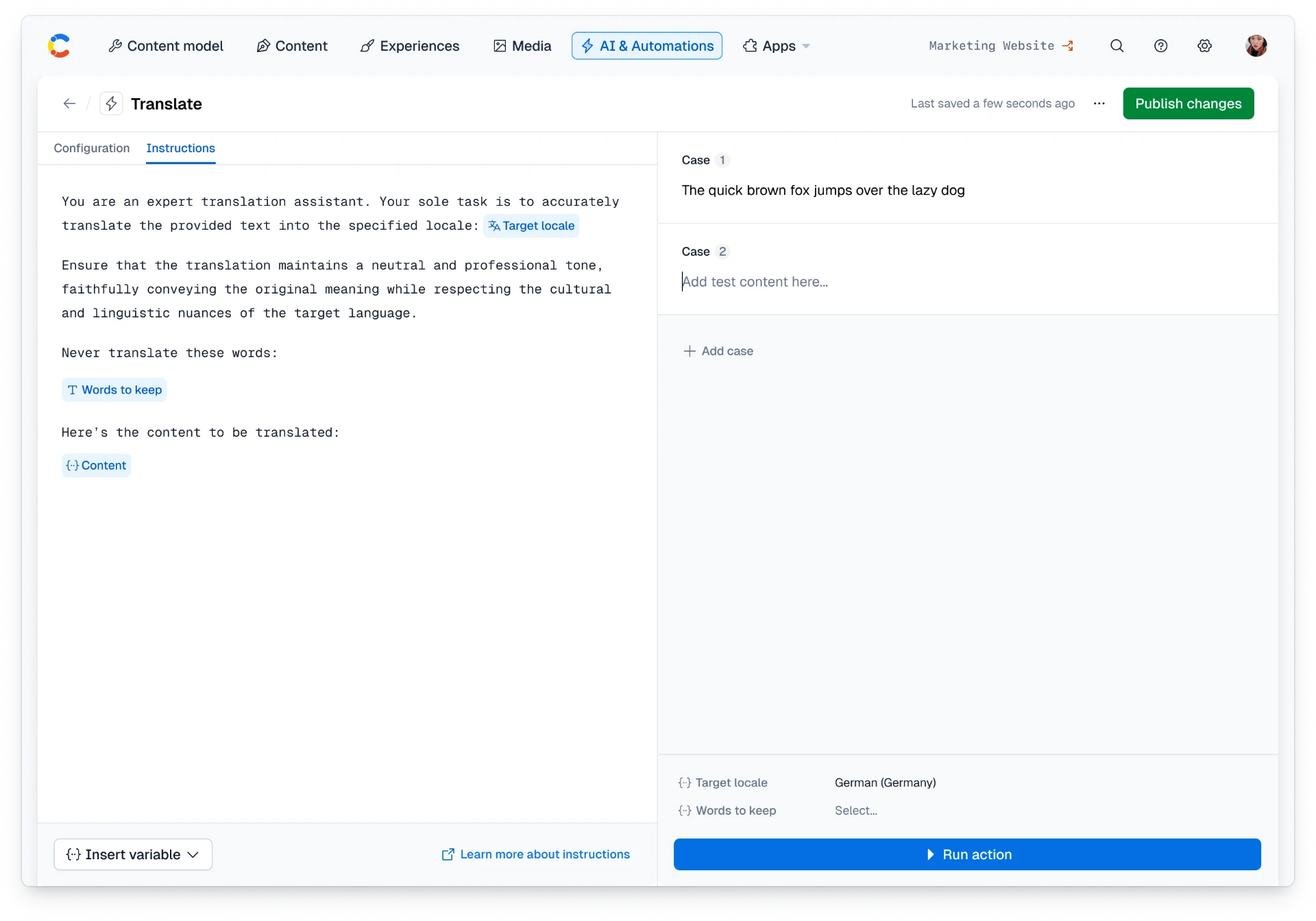 The Translate AI Action editor: instructions with inserted locale and words-to-keep variables on the left, test cases and a run action button on the right