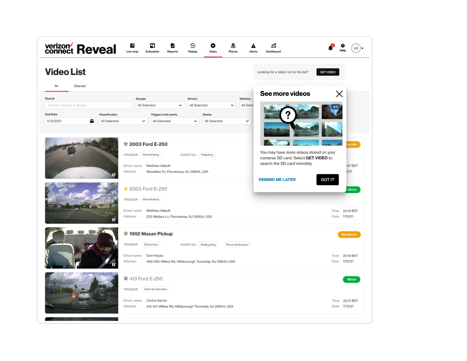 Reveal video list showing events by vehicle with triggers, classification badges, drivers and locations