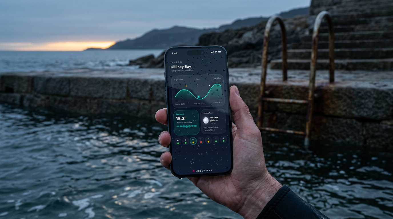 Jelly Map open on a phone held above cold Atlantic water at dawn, beside a slipway swimming ladder