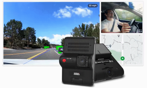 Verizon Connect dual-facing AI dashcam hardware with live road detection, cab view and map replay