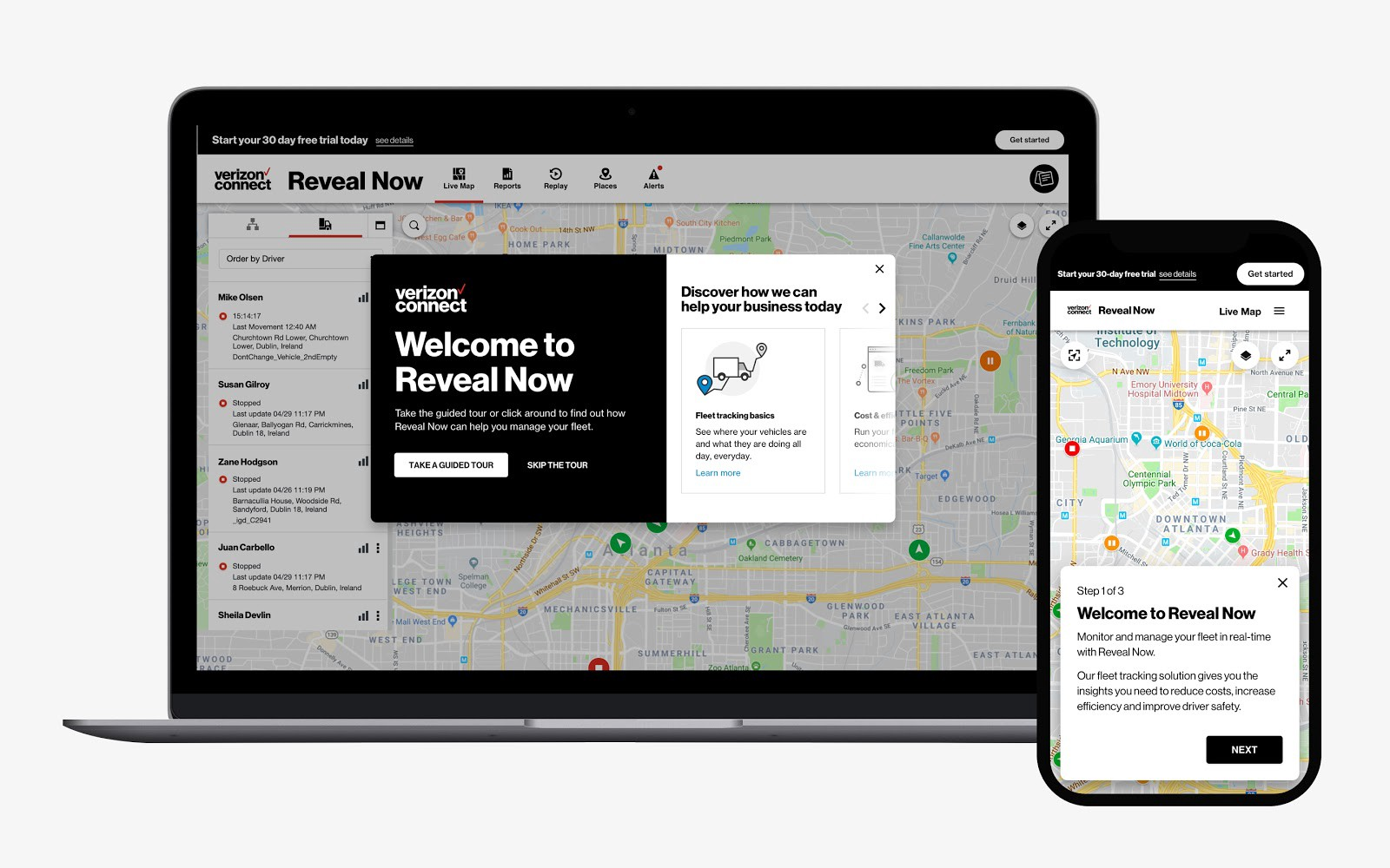 Welcome to Reveal Now guided tour shown on a laptop and phone