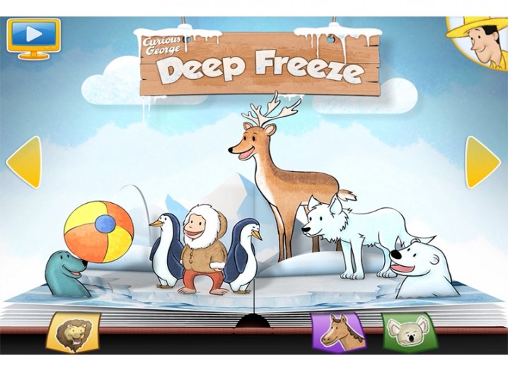 Curious George Deep Freeze pop-up book scene with penguins, wolves, a reindeer, a polar bear and a seal balancing a ball