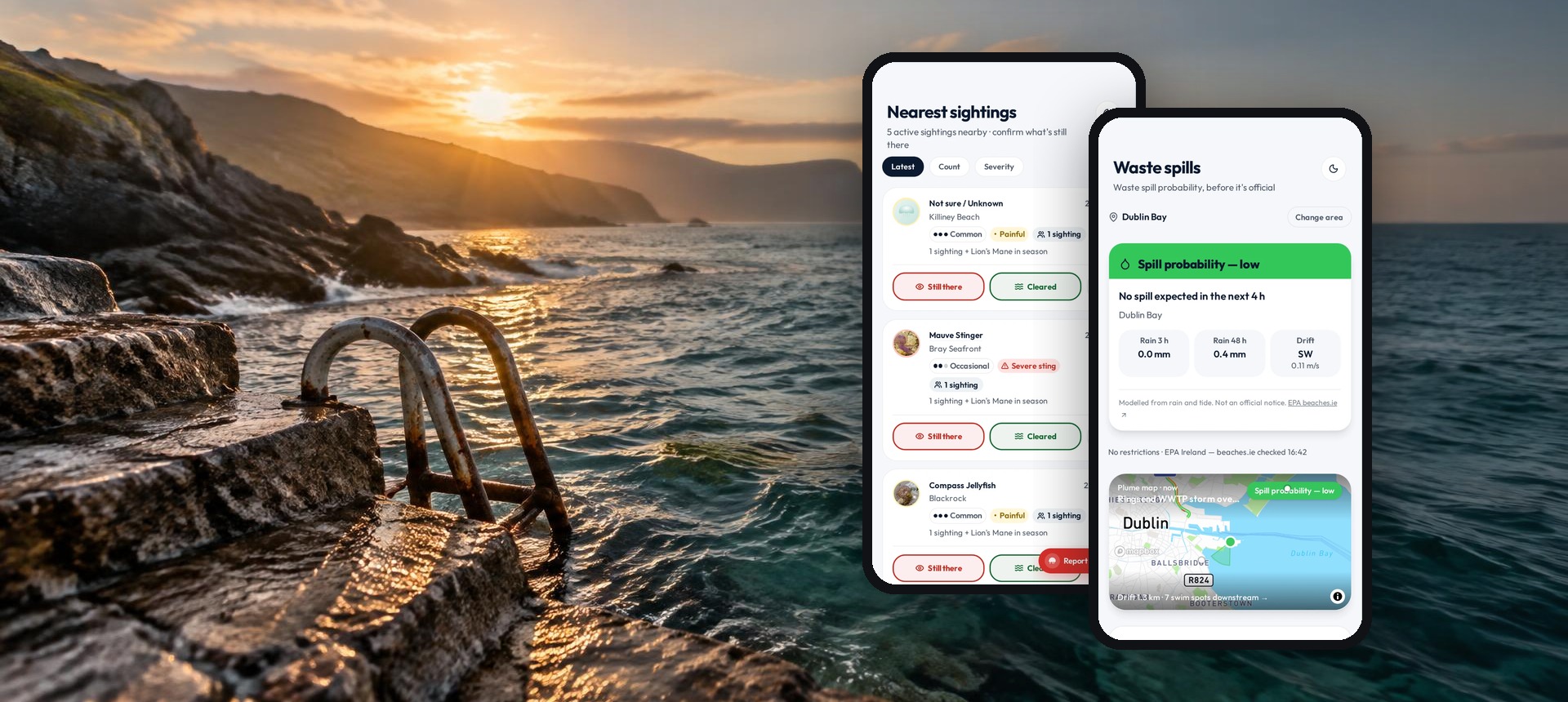 Final Jelly Map app design shown on two phones at a sunlit rocky swimming spot, with nearest sightings and waste spill probability