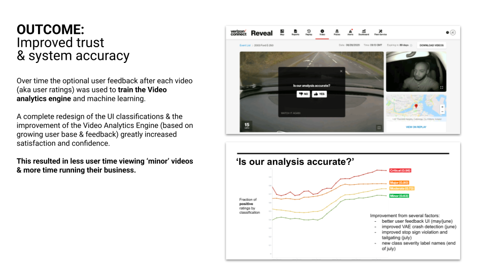 Research outcome showing improved trust and system accuracy: in-product accuracy feedback and a trend graph of positive ratings by classification