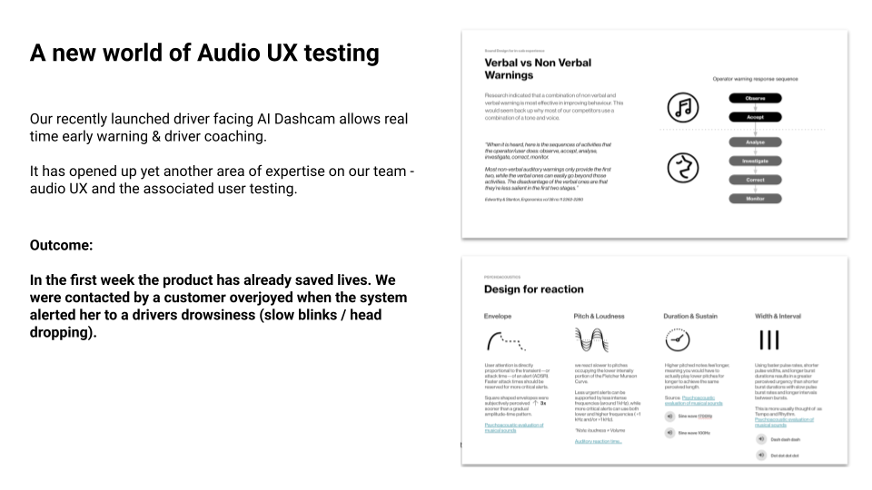 Audio UX research slides comparing verbal and non-verbal warnings and design principles for reaction time