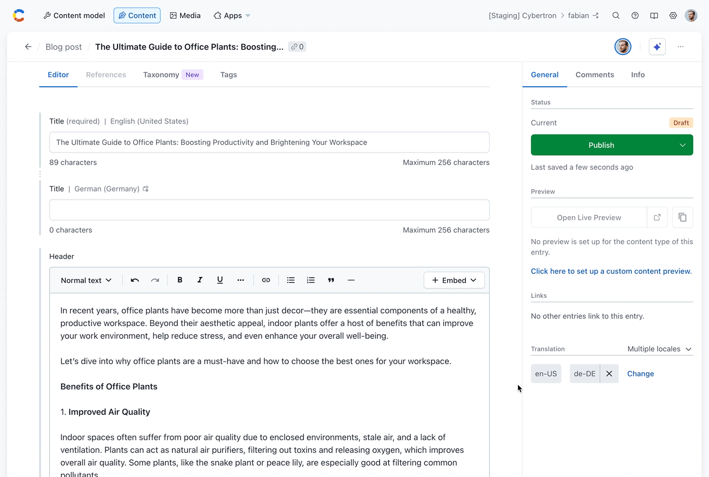 A blog post entry in the editor with the AI panel available beside the fields and an empty German title waiting to be filled