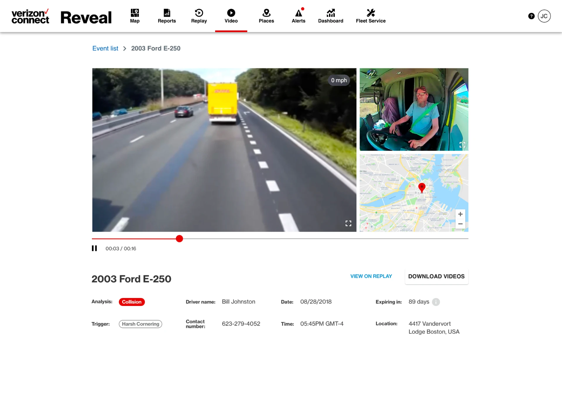 Reveal video event page showing road view, cab view, map location, playback controls and event details