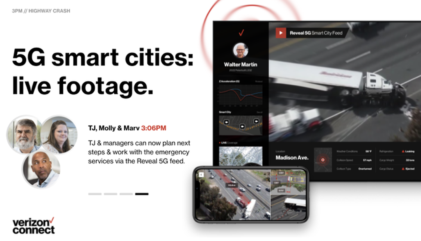 5G smart city live footage view of a highway crash with vehicle and cargo telemetry