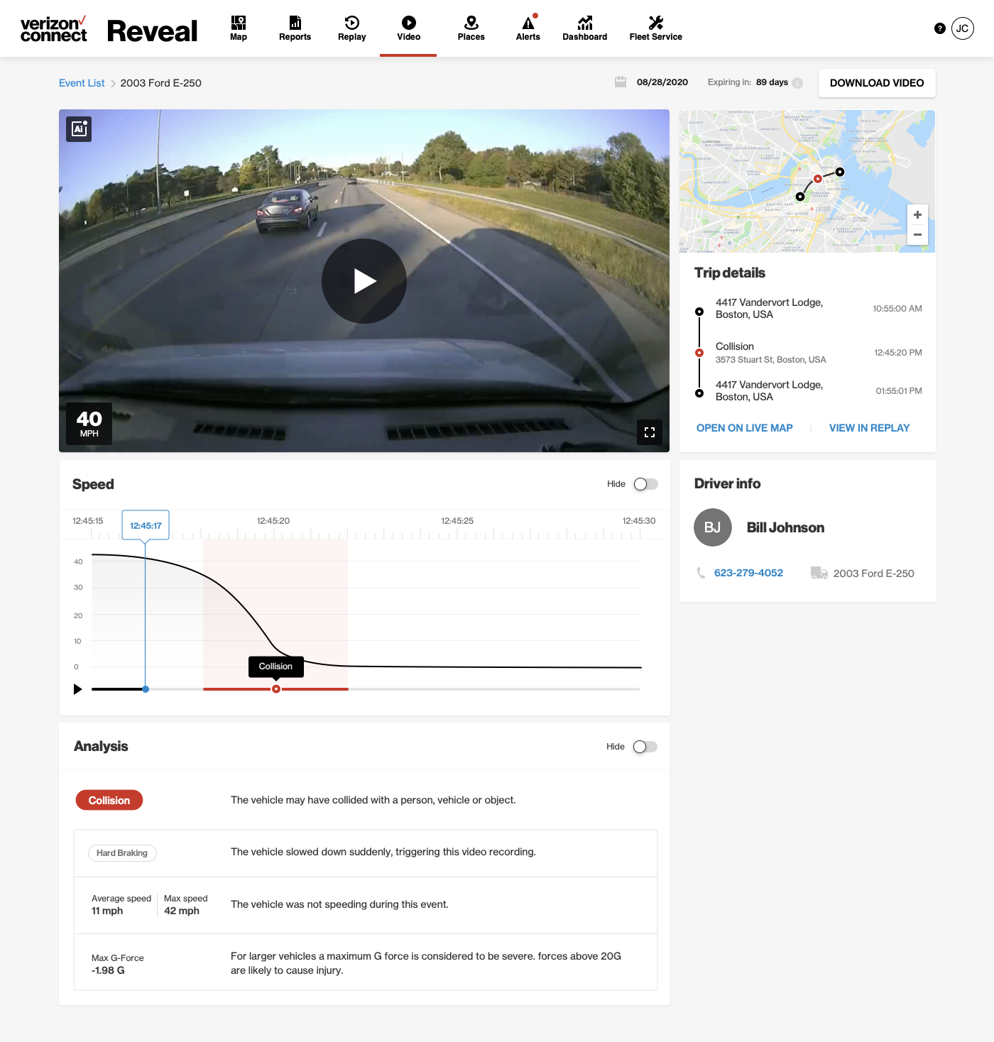 Verizon Connect Reveal AI video event page with road view, speed graph, trip details and plain-language analysis