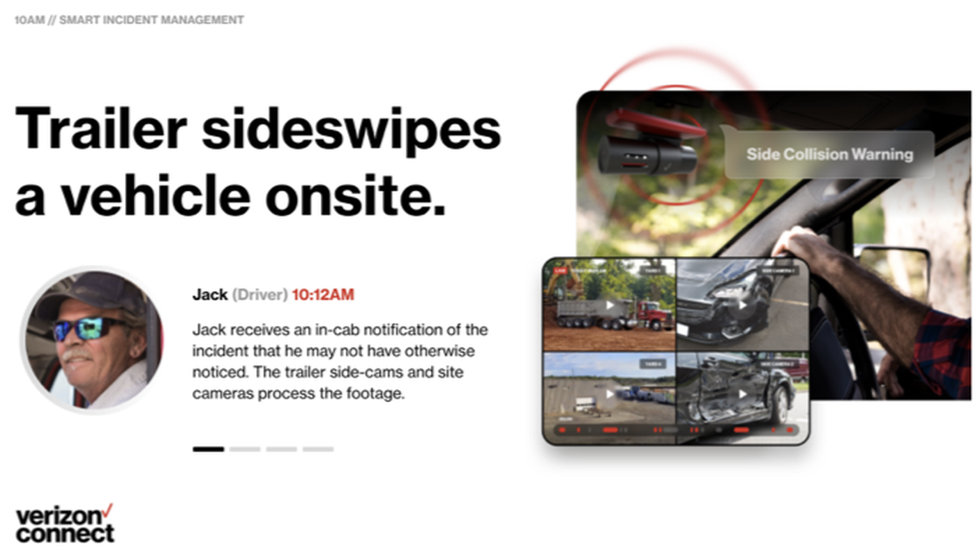 Trailer sideswipe scenario with a side collision warning and multi-camera footage of the incident