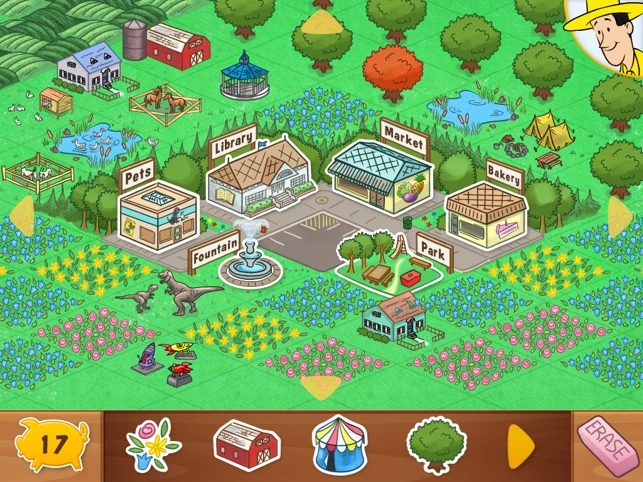 Curious George's Town builder view, an isometric town with Pets, Library, Market, Bakery, Fountain and Park, and a coin count in the corner