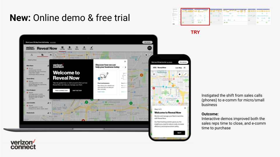 Laptop and phone showing the Reveal Now online demo and free trial experience, with a guided tour overlay on a live map