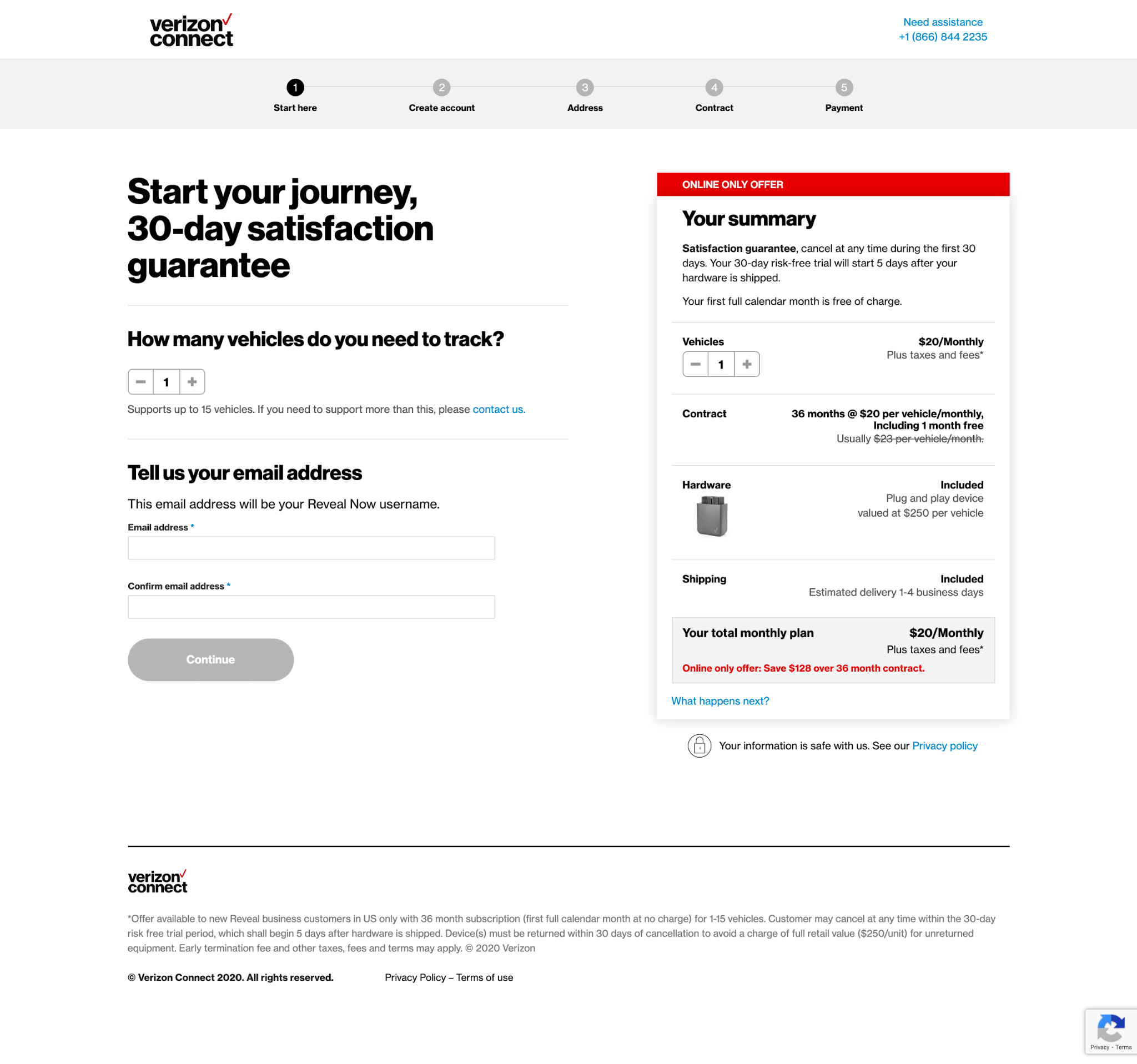 Reveal Now checkout flow with a five-step progress bar, vehicle count, email capture and an order summary panel