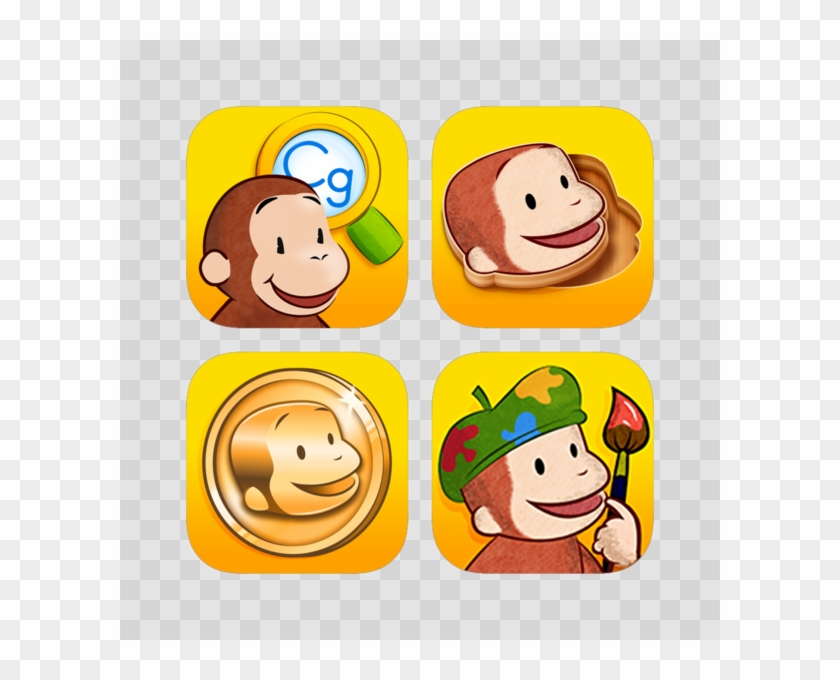 Four Curious George app icons together: a magnifying glass over George, George with toast, George on a coin, and George with a paint brush