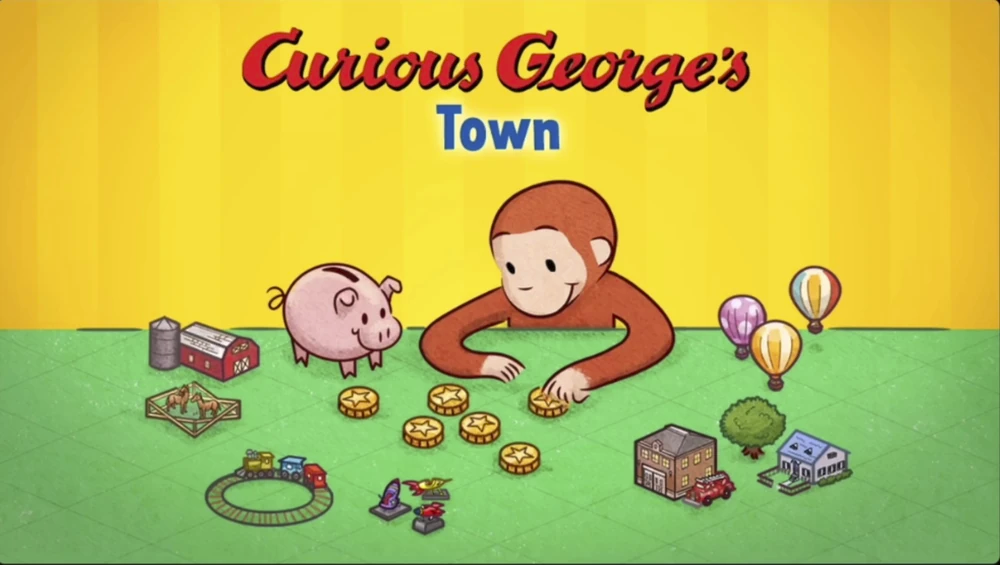 Curious George's Town title screen with George arranging coins beside houses, a farm and a train