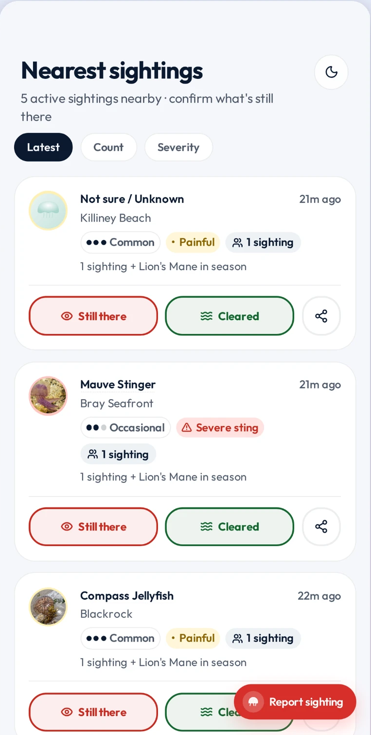 Jelly Map nearest sightings feed, listing live reports from swimmers