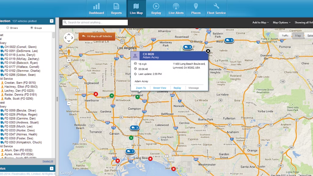 Fleetmatics live map from 2014 with a dense vehicle list, blue chrome and a cluttered map interface